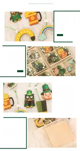 Close-up of Saint Patrick's Day wooden pendants with shamrock and gnome painted details
