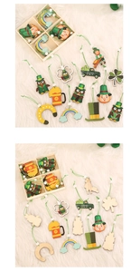 Macro detail of wooden St. Patrick's Day ornaments showing luck theme and wood texture