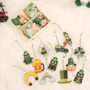 St. Patrick's Day wooden clover ornaments set with gnomes and lucky symbols on plush background