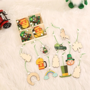 St. Patrick's Day wooden hanging ornaments set featuring shamrocks and owls with storage box