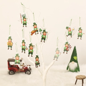 12-Piece St. Patrick's Day wooden leprechaun ornaments with green strings for festive decor