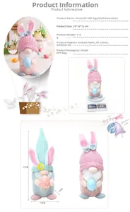 Close-up of lighted Easter gnome dolls with rabbit ears holding colorful eggs