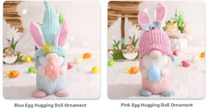 Detail of pink and blue Easter gnomes with rabbit ears holding colorful eggs