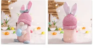 Detailed front and back view of a glowing Easter gnome with bunny ears and a blue egg