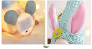Detail showing the LED battery compartment and mint green knit hat of the Easter gnome
