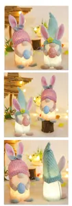 Detailed view of glowing Easter gnomes with rabbit ears holding colorful polka dot eggs