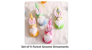 Detail of four colorful Easter gnome ornaments with bunny ears on fuzzy white background