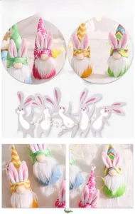 Detail of Easter bunny gnomes with plush hats, long beards and hanging ropes
