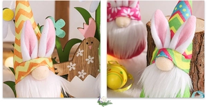 Close-up of Easter gnomes with rabbit ears, colorful hats, and soft white beards