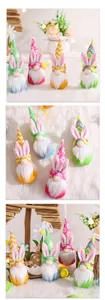Detailed view of four colorful Easter Gnomes with rabbit ears in a cozy festive setting