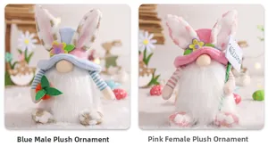 Detail of pink and blue Easter bunny gnomes with flower decor and Welcome sign