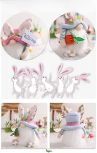 Detail of Easter gnome plush with bunny ears holding a Welcome sign and orange carrot