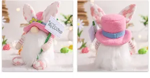 Front and back detail of Easter gnome plush with bunny ears and Welcome sign