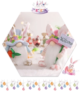 Detail of Easter gnomes with rabbit ears holding a carrot and a Welcome sign