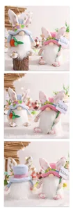 Detail view of plush Easter gnomes with rabbit ears holding carrot and Welcome sign