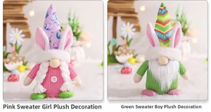 Detail of pink and green Easter gnomes with rabbit ears and knitted sweaters for decor