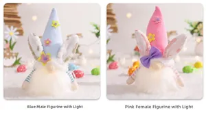 Detail of LED Easter gnomes featuring rabbit ears, felt flowers and glowing warm white beards