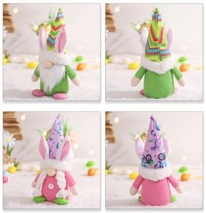 Detail of Easter gnome plush toys with bunny ears and knitted texture on white rug