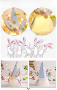 Detailed views of light-up Easter gnome with bunny ears and floral blue felt hat