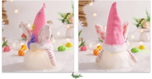 Close-up of Easter gnome with bunny ears, pink knit hat, and warm glowing light body