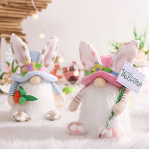 Easter plush gnomes with bunny ears holding carrot and Welcome sign home decor