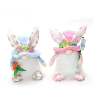 Easter gnome plush dolls with rabbit ears holding a carrot and a welcome sign decoration