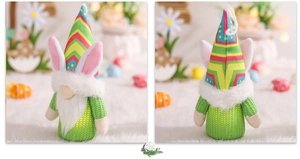 Front and back detail of a plush Easter gnome with bunny ears and green knitted texture