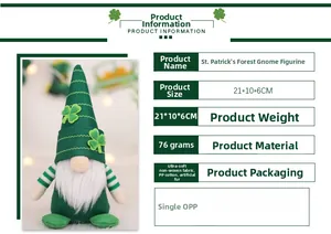 Spécifications du gnome de la Saint-Patrick montrant les dimensions 21x10x6cm et le trèfle