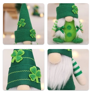 Detail shots of St. Patrick's Day gnomes showing knit fabric and clover patch details