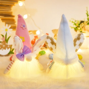 Lighted Easter Bunny Gnomes plush set with bunny ears and glowing warm LED light decor