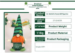 Detailed view of St. Patrick's Day gnome with orange beard and clover hat, 27x10x8cm size
