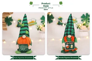 Detail view of Irish couple gnomes with striped hats for St. Patrick's Day home decor