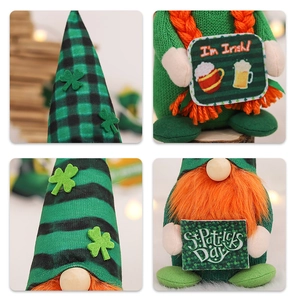 Detail of St. Patrick's Day gnome featuring green plaid hat and festive shamrock accents