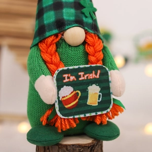 St. Patrick's Day gnome doll with green plaid hat and I'm Irish sign for party decor