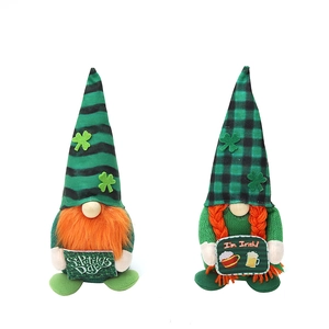 Two St. Patrick's Day gnomes plush set with green hats and orange beards on white background