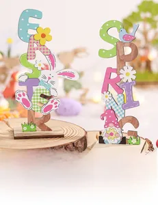 Detail of colorful wooden Easter and Spring signs with rabbit and gnome decorations