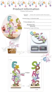 Detailed specs of Easter and Spring wooden bunny ornaments with dimensions and weight