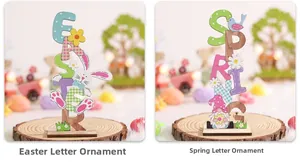 Detailed view of hand-painted Easter and Spring wooden letter ornaments on a sturdy base