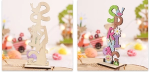 Detail of SPRING wooden signs showing front color and back natural wood texture