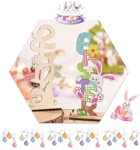 Detailed laser-cut Easter wooden sign set featuring hand-painted rabbits and SPRING lettering