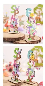 Detail of wooden Easter and Spring gnome rabbit ornaments on natural wood stand