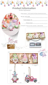 Detail of Easter painted wood ornaments featuring rabbits and gnomes in pastel colors