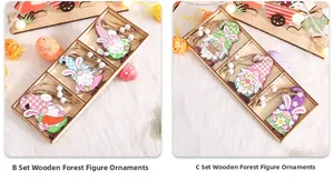 Close-up of Easter gnome wood pendants with rabbit ears and colorful spring motifs