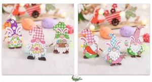 Detailed view of colorful painted wooden Easter gnomes with rabbit ears and jute ropes