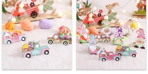 Close-up of wooden Easter gnome and truck ornaments with Happy Easter text and hemp rope loops