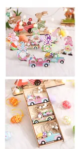 Detailed view of wooden Easter gnomes and truck ornaments with plaid patterns and jute ropes