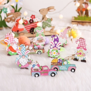 Easter wooden ornaments set featuring gnome bunny and egg truck for festive decor