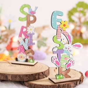 Easter wooden desk ornaments with Spring and Bunny designs for holiday table decoration