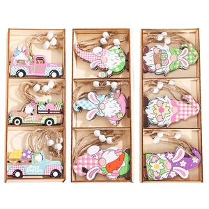 9-piece Easter wooden gnome and truck hanging ornaments set with twine and beads
