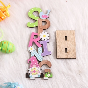 Colorful SPRING wooden Easter tabletop decor with bunny and gnome on faux fur background